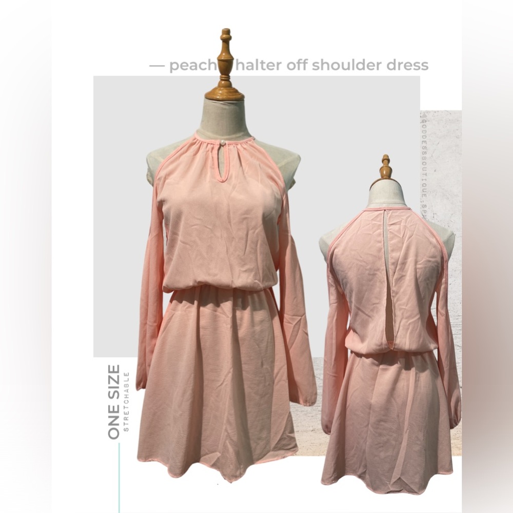 PEACH HALTER OFF SHOULDER DRESS